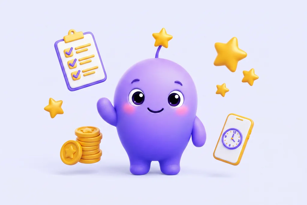 Milo, la mascotte, entouré de ses missions, points et récompenses
